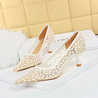 Summer Shoes Banquet Shoes Fine Heel High Heel Pointed Headed Mesh Hollow Lace Shoes