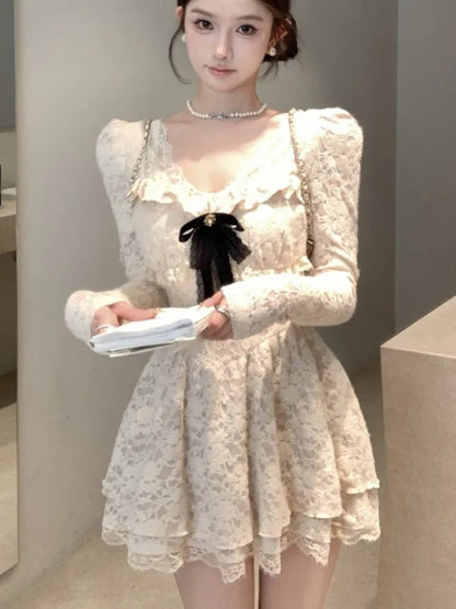 Korean Sweet Lace Dress for Bow Long Sleeves Birthday Party Mini Dresses Spring Female Aline Short Vestidos Mujer