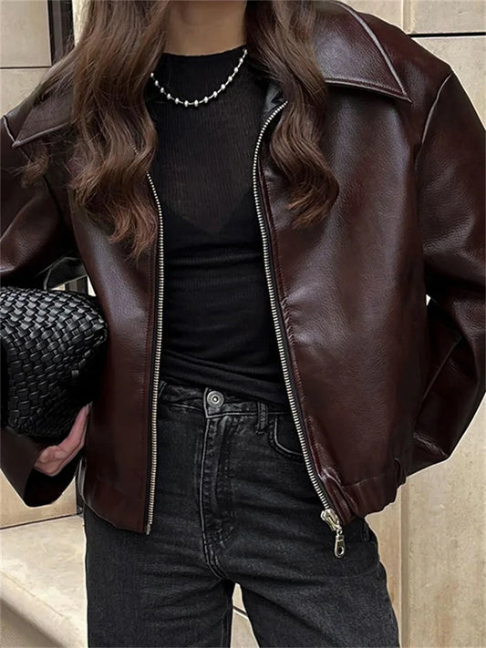 High Street Loose Female Pu Coat Zipper Slim High Waist Long Sleeve Patchwork Clothes Autumn Outwear
