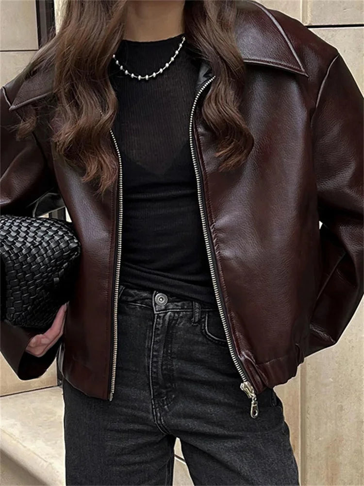 High Street Loose Female Pu Coat Zipper Slim High Waist Long Sleeve Patchwork Clothes Autumn Outwear