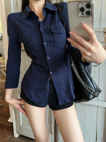 Navy Blue Three Quarter Shirt for Tops Button Up Slim White Blouse Female Autumn Black Clothes