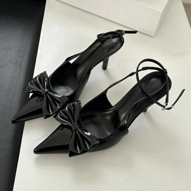 Bowknot Pointed Toe Ankle Strap High Heeled Shoes Brand Designer Thin High Heel Backless Sandals Sweet Pumps