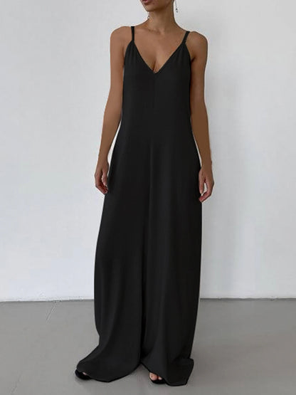 Sleeveless V Neck Loose Black Jumpsuits for Backless Vacation Wide Leg Rompers Spaghetti Strap Overalls