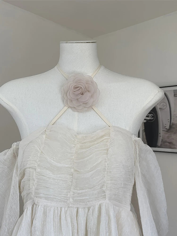 French Fairycore Butterfly Sleeve Blouses Sweet Thin Bandage Crop Top Simple Shirts Appliques Design Summer