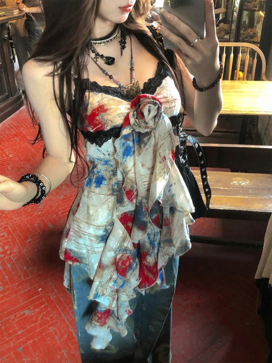 2000s Y2k Blouse Sleeveless Retro Camisole Female Irregular Shirts Design Summer Vest