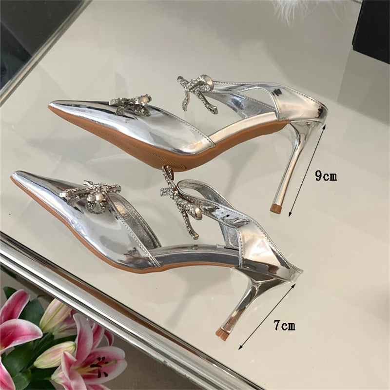 Summer Crystal Butterflyknot Pointed Toe Pumps Buckle Strap High Heels Party Prom Sandals Mule Shoes