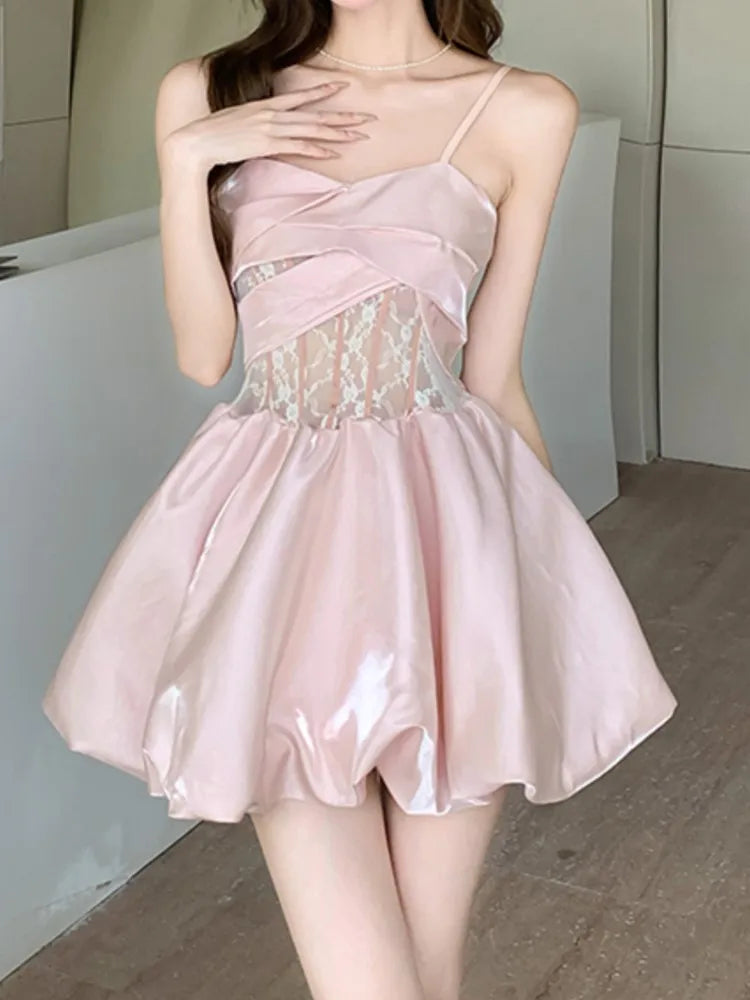 New Spring Summer Satin Mini Dress Spaghetti Strap Party Birthday Sweet Clothes Female Vestidos
