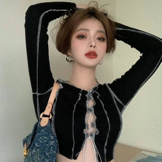 Black Front Bow Tied Shirt Y2k Crop Tops Ruffle Long Sleeve Tee Basic Shirts and Blouses Clothing Brand