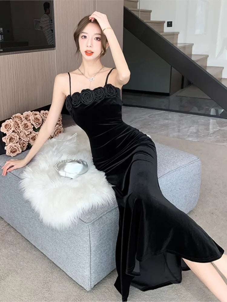 Autumn Winter Black Velvet Appliques Sling Long Dress Dress Korean Vintag Dance Party Night Dress