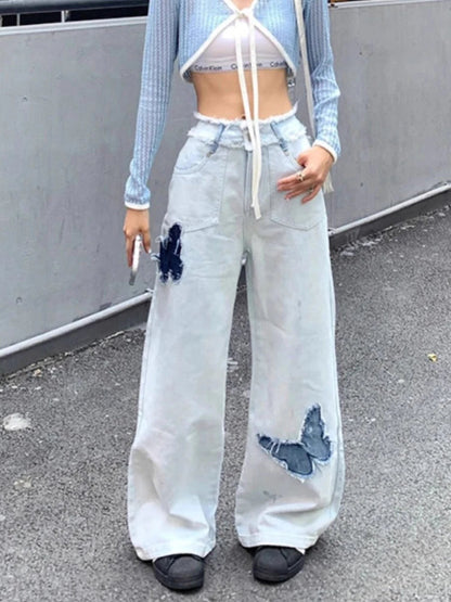 Blue Jeans Y2k Loose Butterfly Patchwork Causal High Waist Denim Pants Retro Bottoms