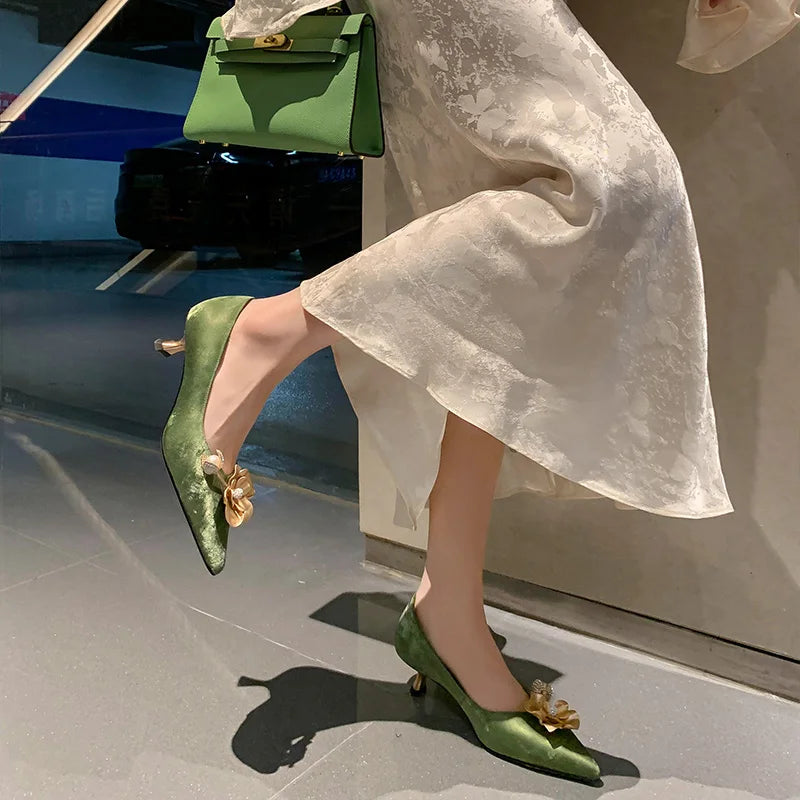 Pointy Toe Golden Flower Pumps Middle Heels Classic Slip on Rhinestone Ball Decor Summer Causal Dress Shoes