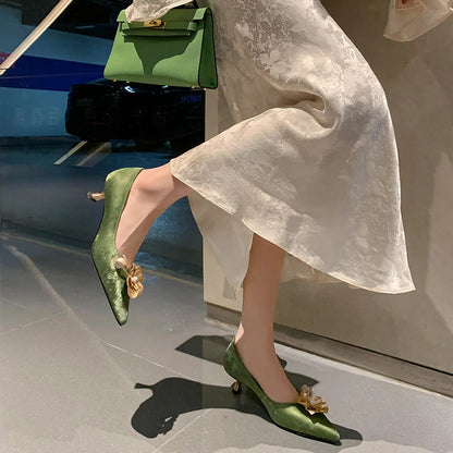 Pointy Toe Golden Flower Pumps Middle Heels Classic Slip on Rhinestone Ball Decor Summer Causal Dress Shoes