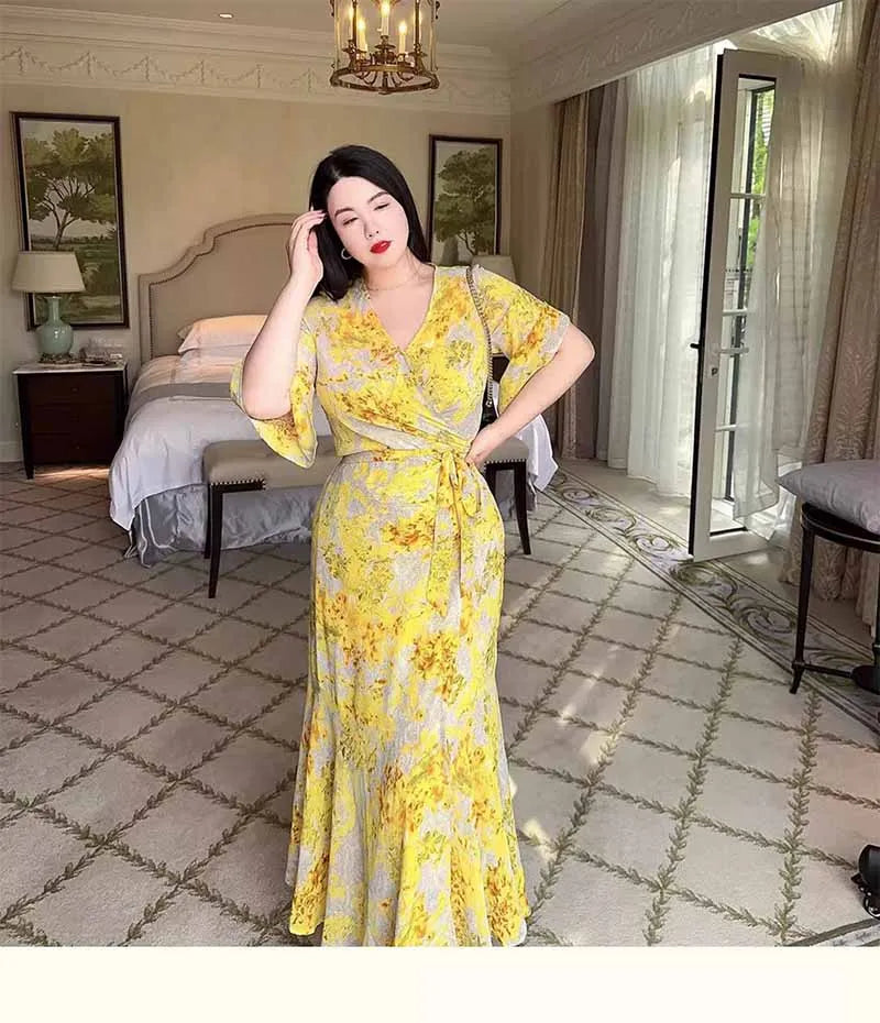 French Style Print Wrap Around Body Large Size Belly Covering Slimming Holiday Long Dress Wrap Around Skirt Large Size