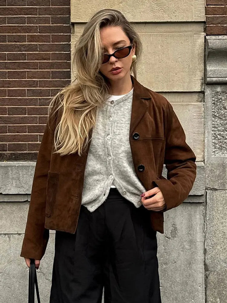 Retro Suede Female Blazer Jacket Lapel Single Breasted Long Sleeve Lady Short Coat Autumn Winter Pockets Lady Outwear