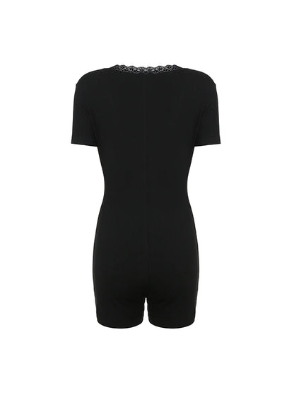 Skinny Lace Trim V Neck Short Sleeve Bodycon Rompers Playsuits