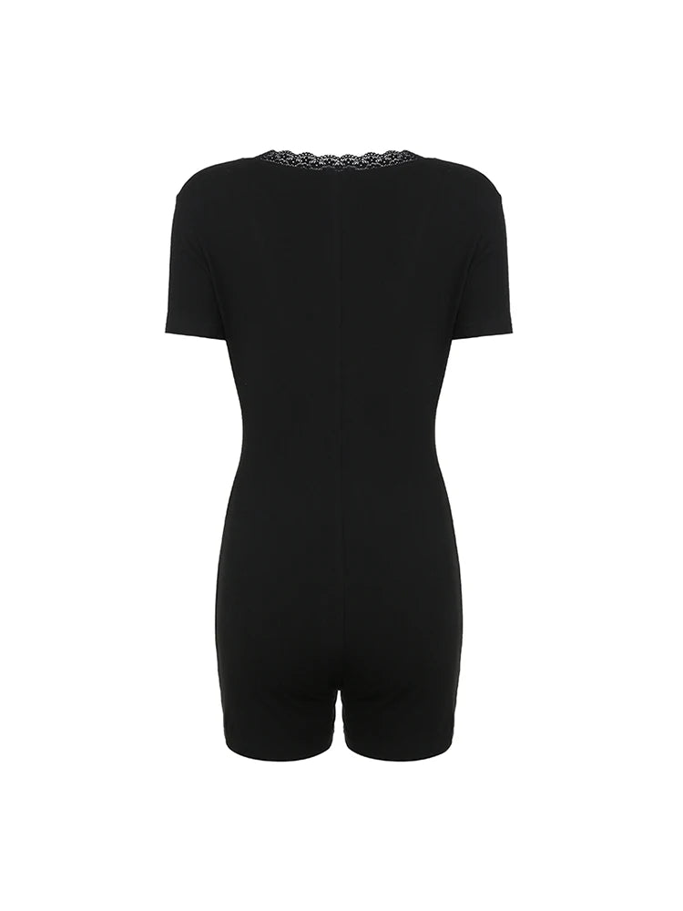 Skinny Lace Trim V Neck Short Sleeve Bodycon Rompers Playsuits