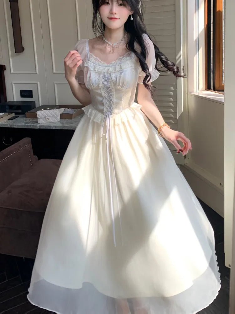 Princess Birthday Party Dress Puff Sleeve Lace-up A-line Midi Dresses for Square Collar Prom Robe Vestidos Mujer