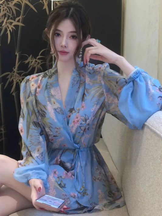 French Flower Chiffon Dress Retro Lantern Sleeve Mini Dress Female Even Party Korean Summer