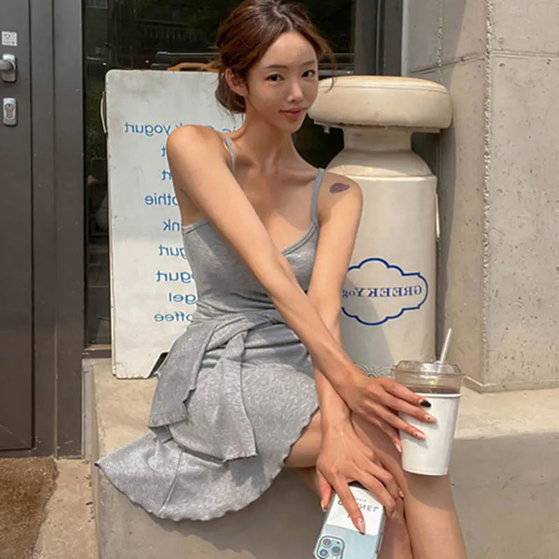 Summer Korean Clothing Short Strap Camisole Dress +short Coat Color Two Piece Sets Outfits