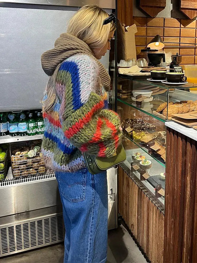 Knitted Colorful Stripes Sweater O Neck Puff Long Sleeves Short Pullover Autumn Lady High Street Jumper