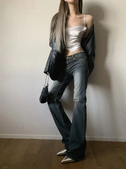 Y2k Coquette Low Rise Flared Jeans American Retro Grunge Popular Denim Pants 2000s 90s