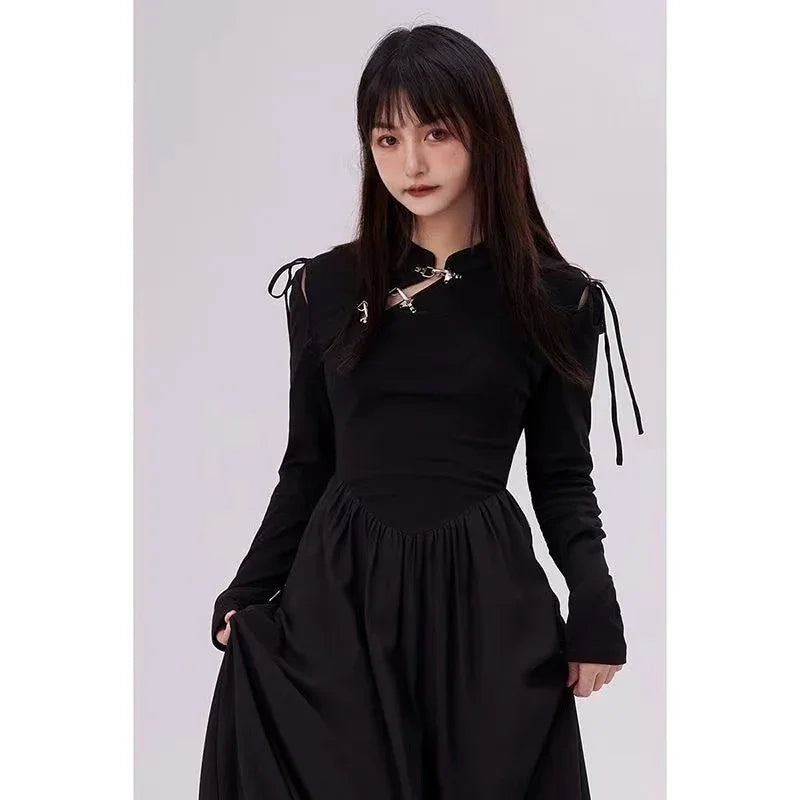 Black Gothic Dress Y2k Long Sleeve Party Bottoming New Korean Harajuku Lady Midi Dress
