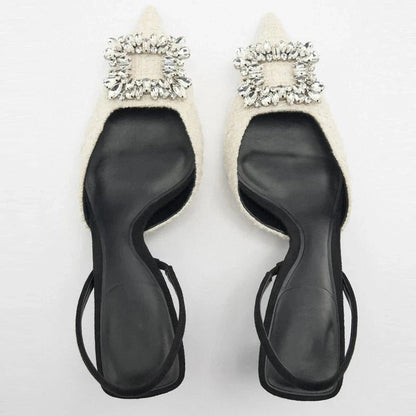 Square Rhinestone Mid Heels Pumps for Woman White Tassel Texture Black Sole Slingbacks Shoes Point Head Spike Heel Sandals