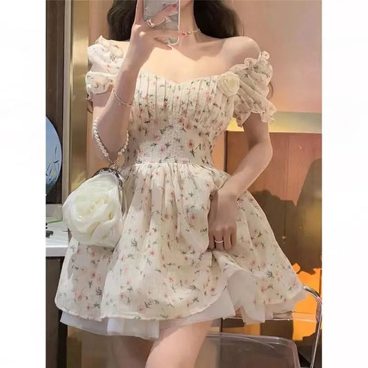 Print Mini Dresses Puff Sleeve Mori Girl Style Sweet Spring Summer Dress Korean Vestidos Mujer