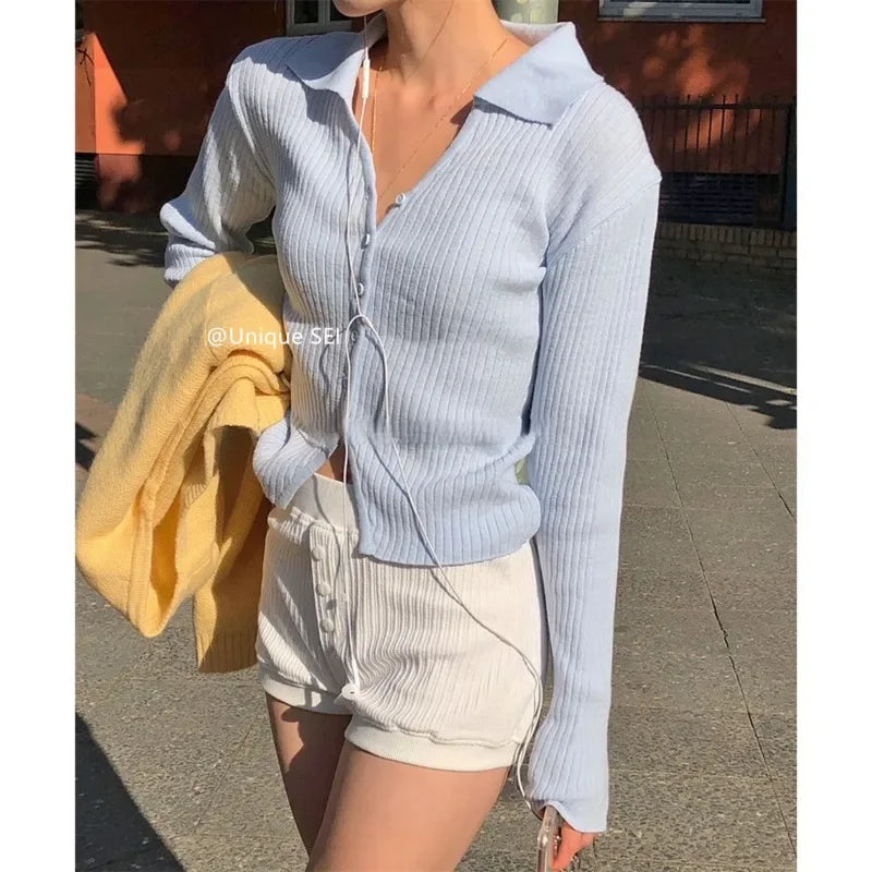 Color Threaded Longsleeved Cardigan Spring New Vneck Multibutton All Match Knitted Tops