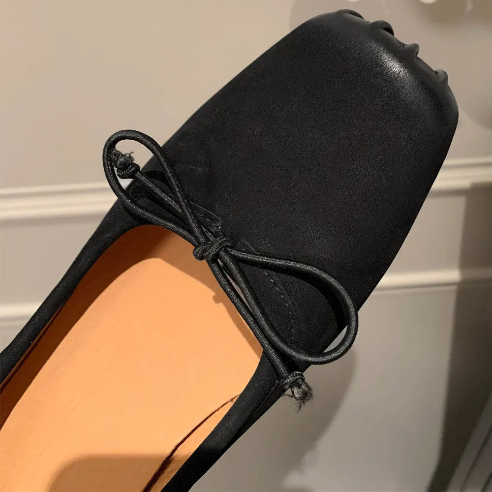 Genuine Leather 4.5cm Thick Med Heel Pleated Square Toe Slipon Pumps Sweet Bowtie Korean Style Female Heeled Shoes