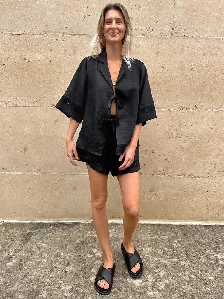 White Cotton Linen Hollow Out Lace Up Top and Short Pants Suit ’s Loose Top Splice Sets Lady Summer