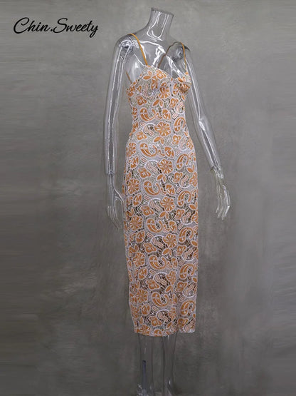 Embroidery Slip Midi Dress Backless Hollow Out Hip Package Zipper Dresses Spring Summer Lady Party Evening Gowns