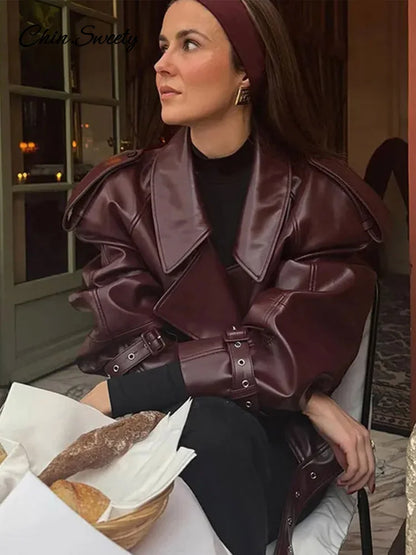 Leather Short Leather Jacket With Belt Lapel Long Sleeved Cropped Coat New Lady Street Party New Outwears _