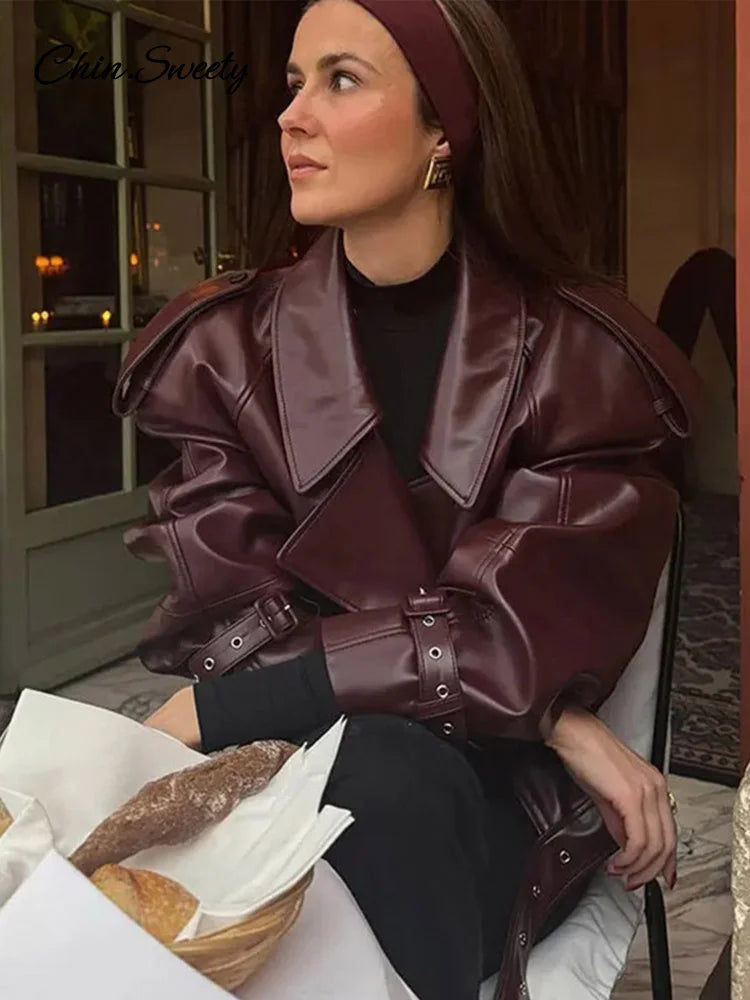 Leather Short Leather Jacket With Belt Lapel Long Sleeved Cropped Coat New Lady Street Party New Outwears _