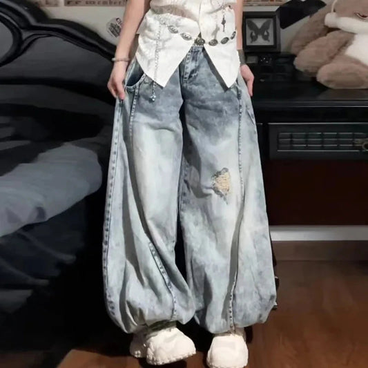 Y2k Jeans Aesthetic Harajuku Baggy Ripped Denim Trousers Summer 2000s Style Bloomers Jean Pants Light Blue