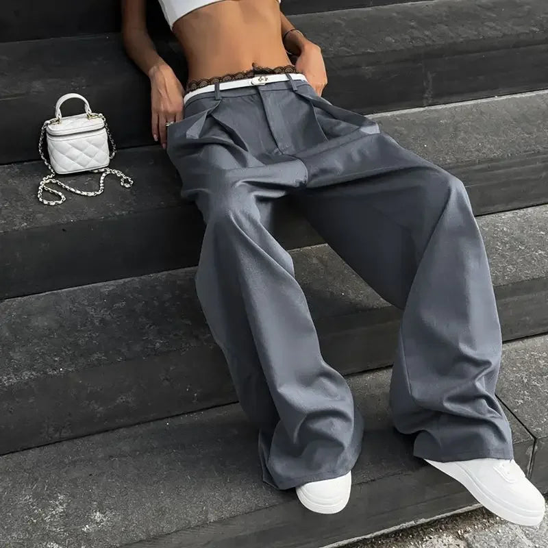 Tavimart - Y2k Lace Patchwork Waist Pants Baggy Korean Oversize Office Trousers