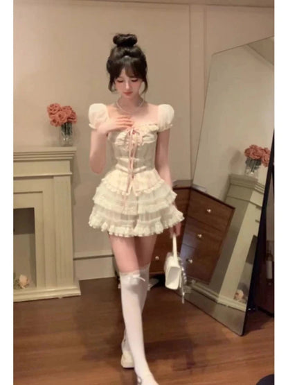 2000s Japanese Kawaii Suits Lolita 2 Piece Skirt Set Even Party Clothing Y2k Crop Top Blouse + Slim Skirts