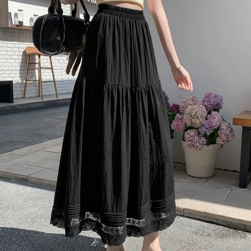 Lace Patchwork Skirts Aline Spring Summer Sweet Faldas Mujer Korean Long Skirt