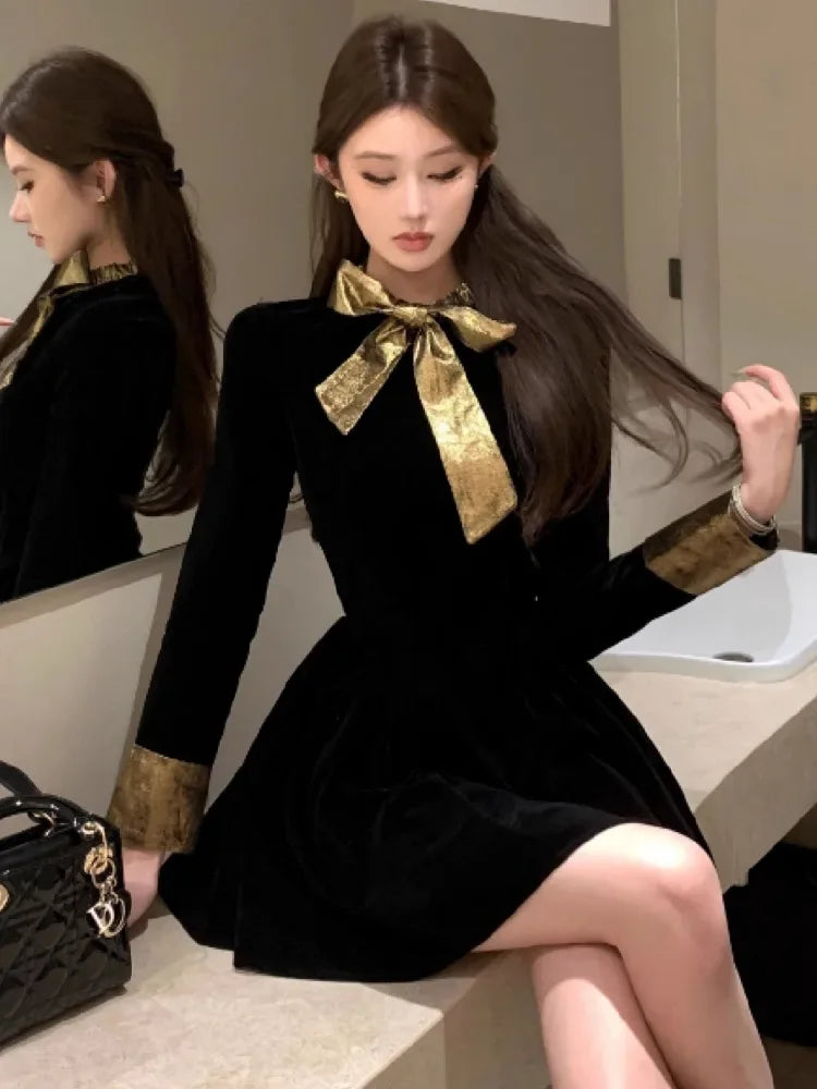 Evening Dresses Bow Velvet Long Sleeve Slim Birthday Party Cocktail Mini Dress