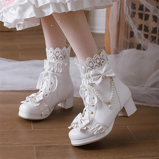 Lolita Ankle Short Boots Round Toe Kawaii Thick Mid Heels Zipper Bead Bow Laceup Lady Cosplay Shoes Autumn Winter