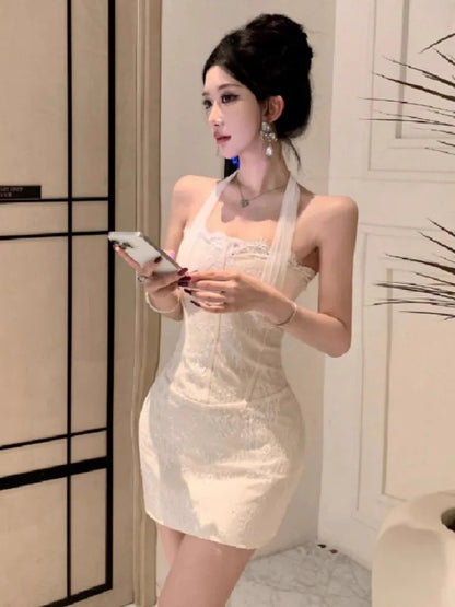 Mini Dresses Lace Patchwork Sleeveless Slim Sequins Backless Halter Basic Party Dress Shiny Female