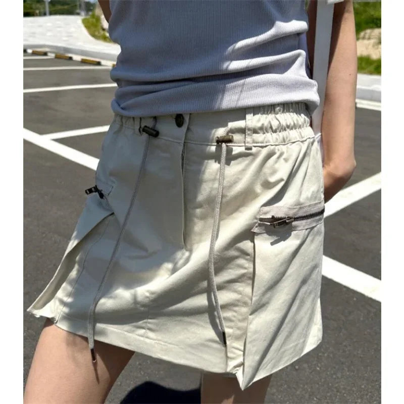 Summer Korean Retro High Street Side Pocket Zipper Drawstring Low Waist Mini Skirt Skirt