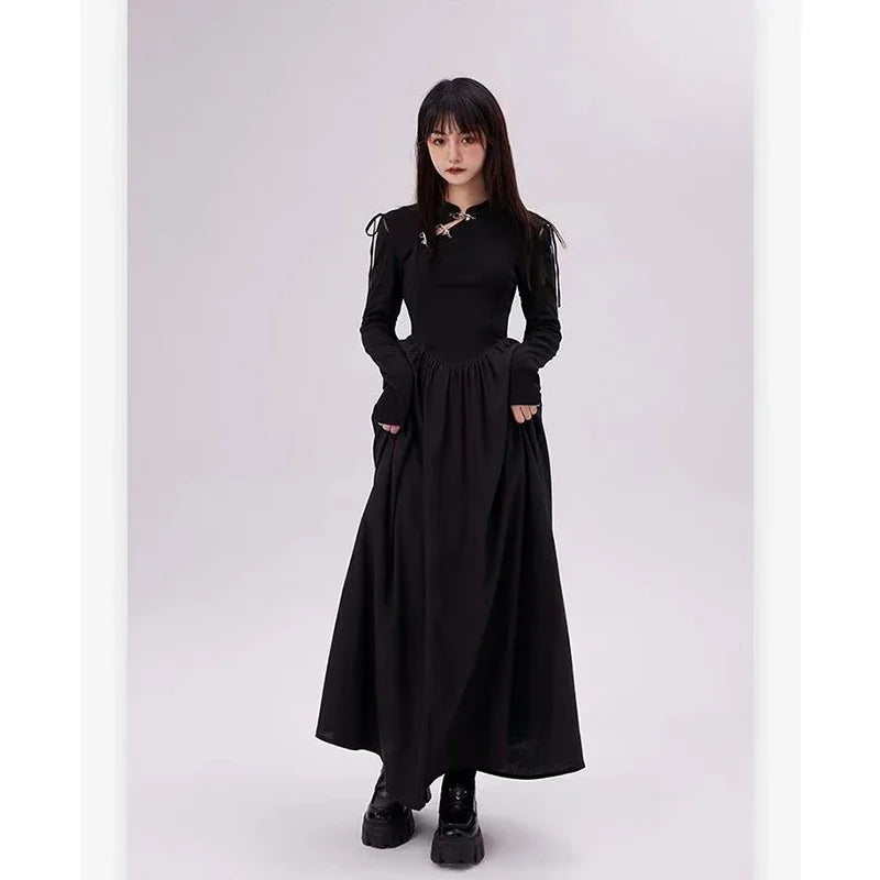 Black Gothic Dress Y2k Long Sleeve Party Bottoming New Korean Harajuku Lady Midi Dress