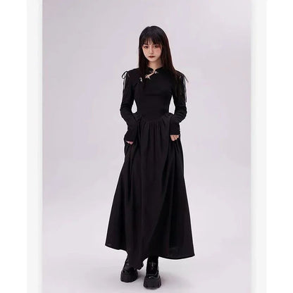 Black Gothic Dress Y2k Long Sleeve Party Bottoming New Korean Harajuku Lady Midi Dress