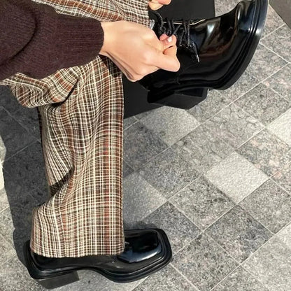 Square Toe Lace Up Pumps Japanese Style Thick Heel Heightening High Heels Personalized Patent Leather Color Shoes
