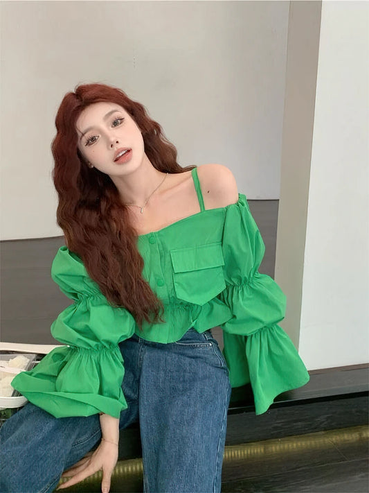 Low Cut Off Shoulder Youth Blouse Designer Sweet Puff Sleeve Crop Top Ruffles Korean Pocket Button Short Shirts