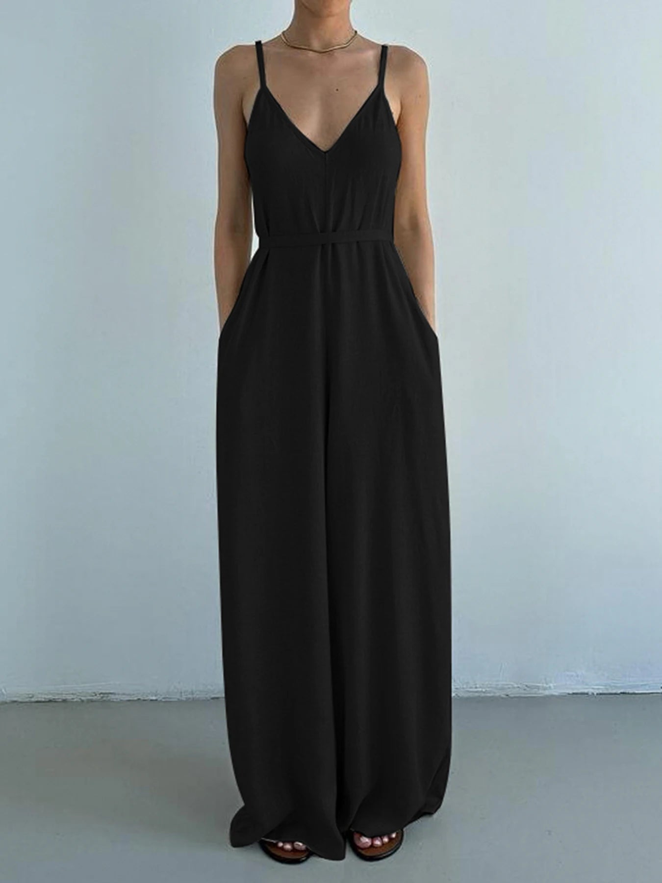 Sleeveless V Neck Loose Black Jumpsuits for Backless Vacation Wide Leg Rompers Spaghetti Strap Overalls