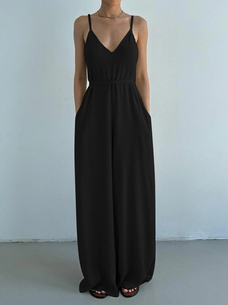 Sleeveless V Neck Loose Black Jumpsuits for Backless Vacation Wide Leg Rompers Spaghetti Strap Overalls