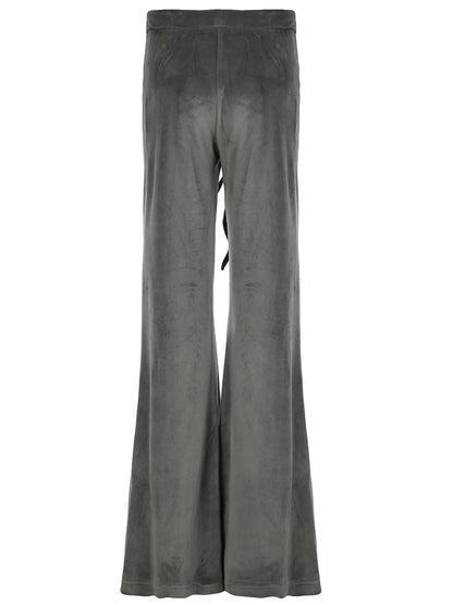 American Retro Y2k Low Waisted Velvet Flared Pants Drawstring Tie Waist Heart Rhinestone Trousers