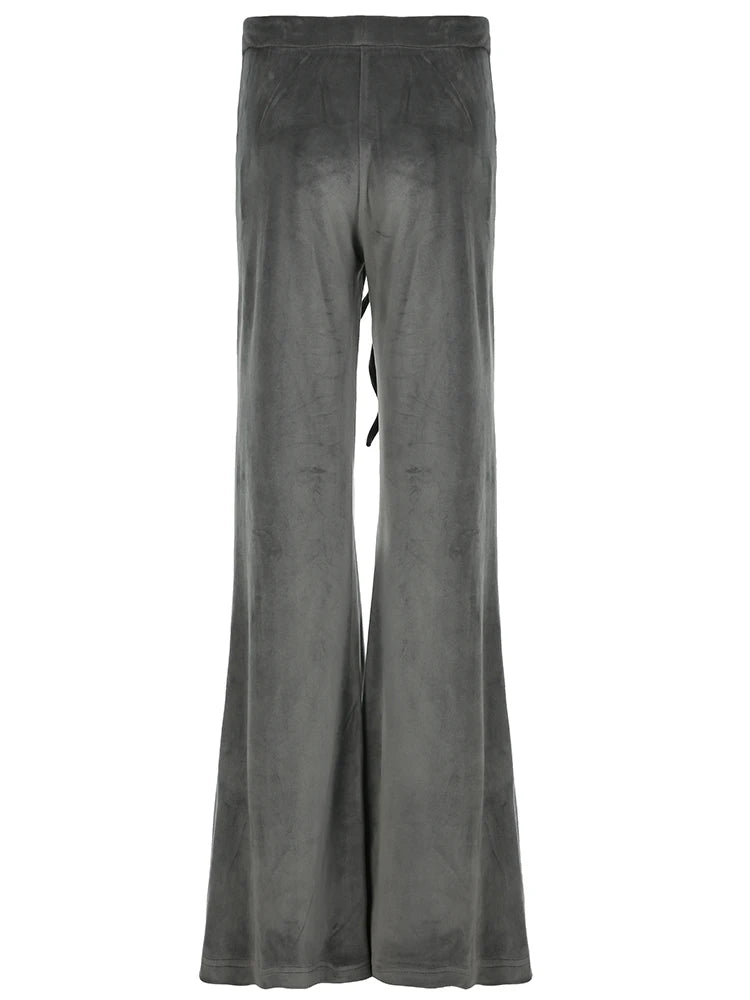 American Retro Y2k Low Waisted Velvet Flared Pants Drawstring Tie Waist Heart Rhinestone Trousers